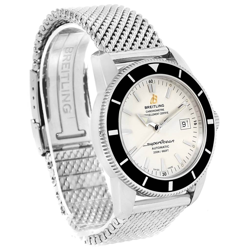 The Breitling Superocean A17321 Men's Stainless Steel White Dial A17321 Men's Stainless Steel White Dial watch is shown at a three-quarter angle, highlighting the face, bezel, and stainless steel mesh strap.