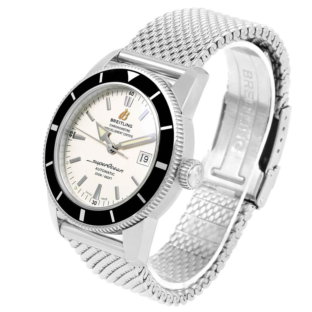 The Breitling Superocean A17321 Men's Stainless Steel White Dial A17321 Men's Stainless Steel White Dial watch is shown at a three-quarter angle, highlighting the face, bezel, crown, and mesh bracelet.