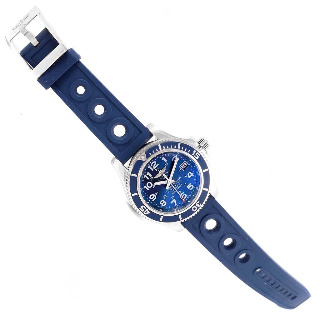 The image shows the front view of a Breitling Superocean A17365 Men's Stainless Steel Blue Dial A17365 Men's Stainless Steel Blue Dial watch with a blue rubber strap and blue dial.