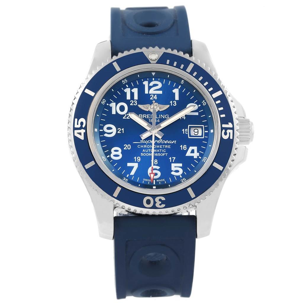 The Breitling Superocean A17365 Men's Stainless Steel Blue Dial A17365 Men's Stainless Steel Blue Dial watch is shown from a front angle displaying its blue dial, blue strap, and bezel with a date window at the 3 o'clock position.