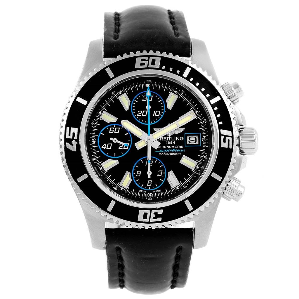 The Breitling Superocean A13341 Men's Stainless Steel Black Dial A13341 Men's Stainless Steel Black Dial watch is shown from a front angle, displaying its face, bezel, and leather strap.