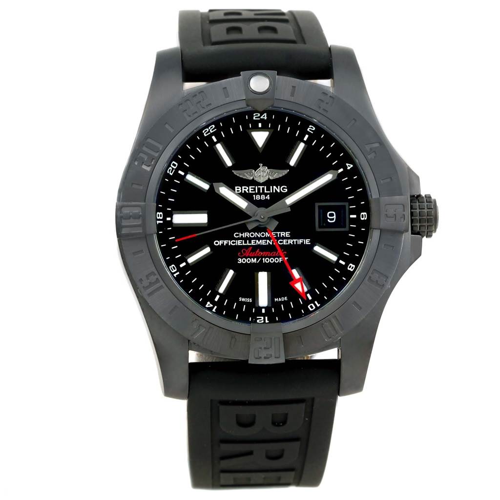 The image shows a front view of a Breitling Avenger M32390 Men's Stainless Steel Black Dial M32390 Men's Stainless Steel Black Dial watch, displaying the dial, bezel, and black rubber strap.