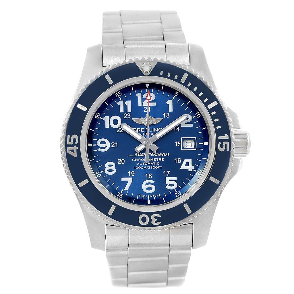 This image shows a front view of the Breitling Superocean A17392D8/C910 Men's Stainless Steel Blue Dial A17392D8/C910 Men's Stainless Steel Blue Dial watch, highlighting its dial, bezel, bracelet, and crown.