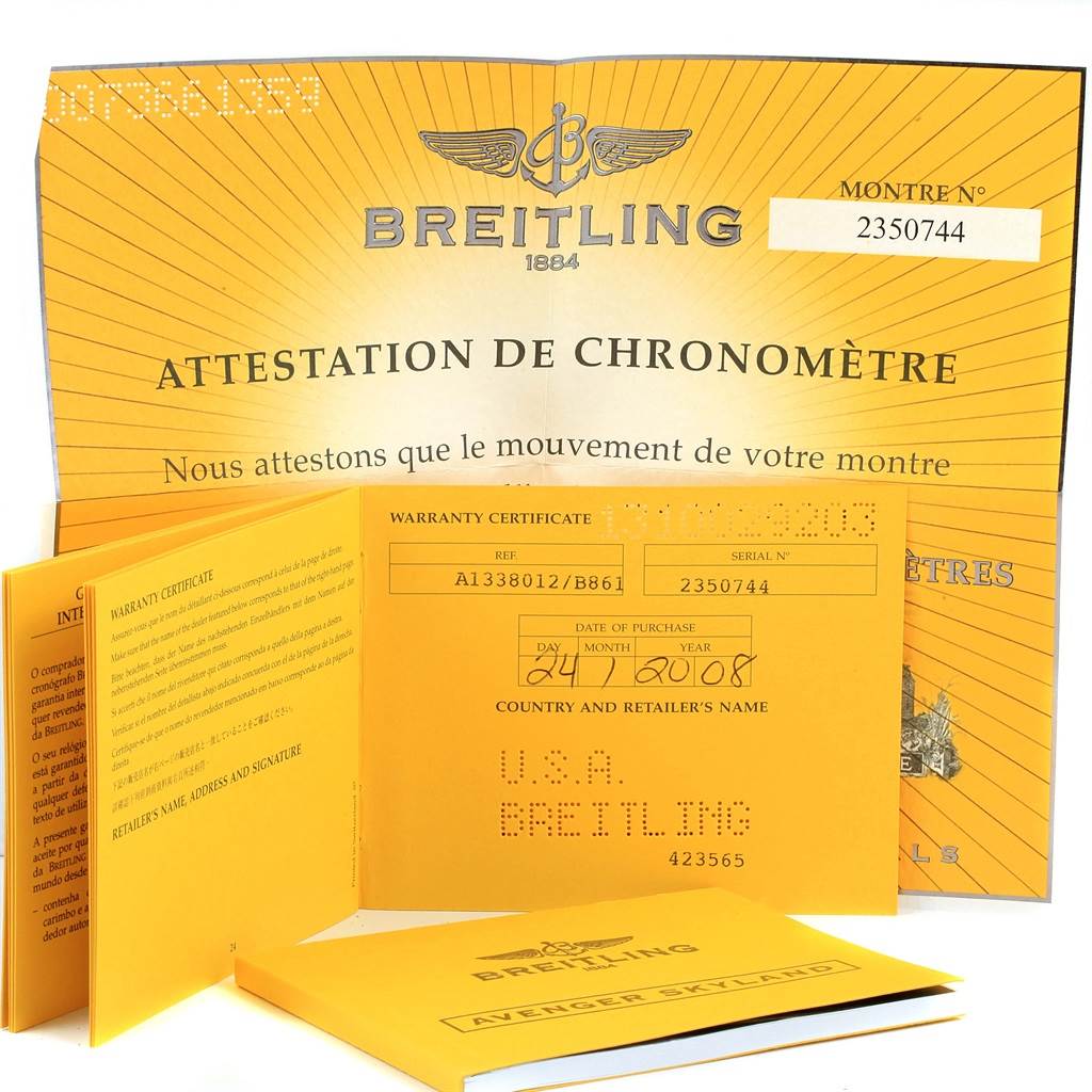 The image shows the warranty certificate and chronometer attestation for the Breitling Avenger A13380 Men's Stainless Steel Black Dial A13380 Men's Stainless Steel Black Dial watch model.