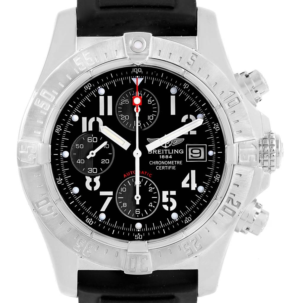This image shows a front view of a Breitling Avenger A13380 Men's Stainless Steel Black Dial A13380 Men's Stainless Steel Black Dial watch, highlighting its dial, bezel, chronograph subdials, and date display.