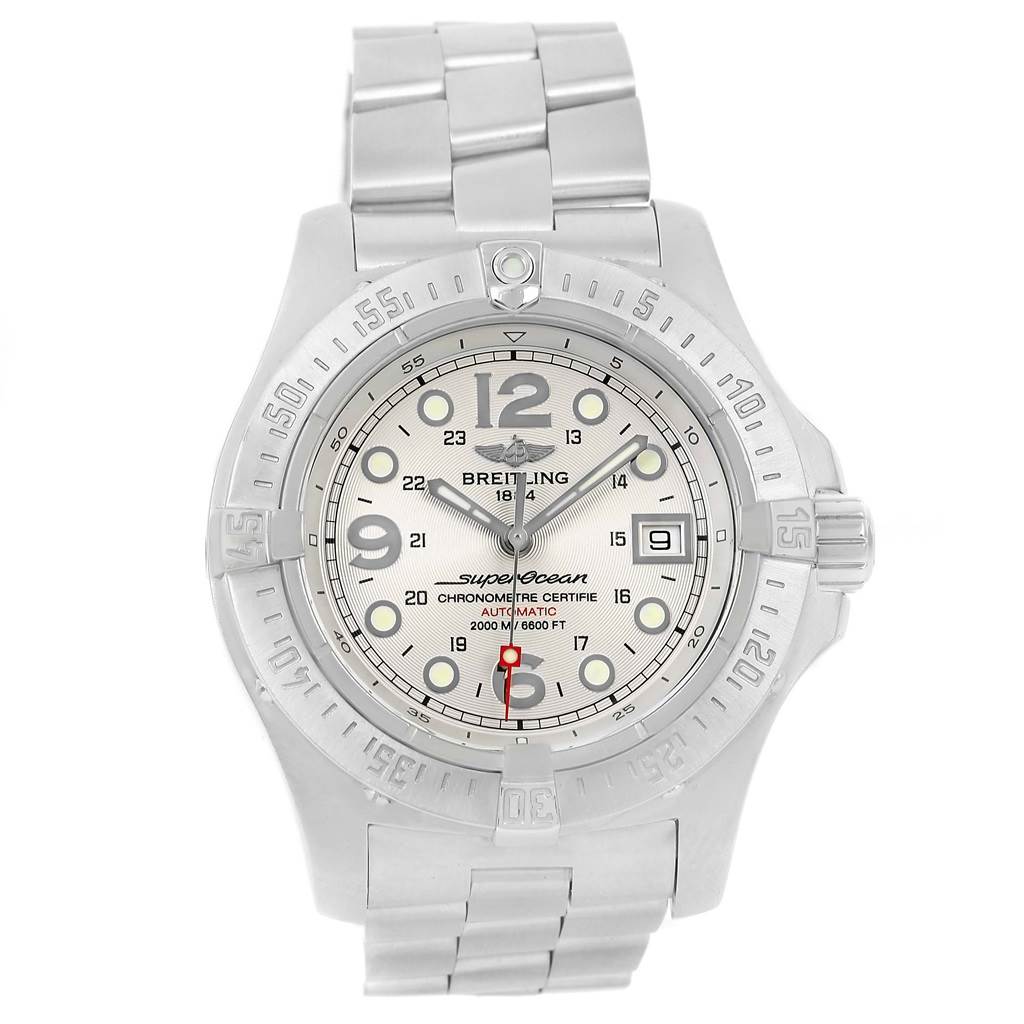 This image shows a front view of the Breitling Superocean A17390 Men's Stainless Steel Silver Dial A17390 Men's Stainless Steel Silver Dial watch, displaying its face, bezel, and metal bracelet.