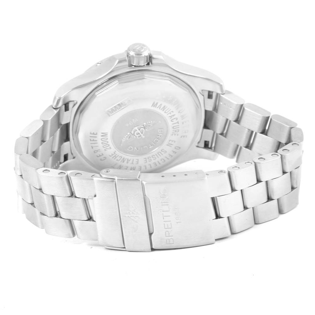 The image shows a rear view of a Breitling Superocean A17390 Men's Stainless Steel Silver Dial A17390 Men's Stainless Steel Silver Dial watch, focusing on its stainless steel case back and bracelet clasp.