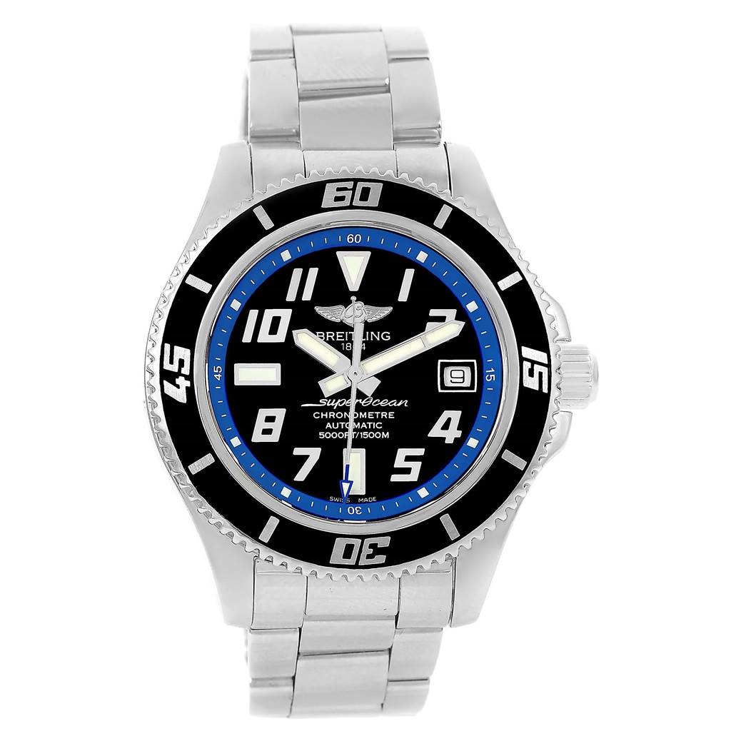 The Breitling Superocean A17364 Men's Stainless Steel Black Dial A17364 Men's Stainless Steel Black Dial watch is shown from the front, featuring the bezel, dial, band, and crown.