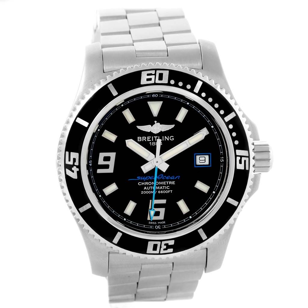 The image shows a frontal view of a Breitling Superocean A17391 Men's Stainless Steel Black Dial A17391 Men's Stainless Steel Black Dial watch, highlighting its dial, bezel, and part of the stainless steel bracelet.