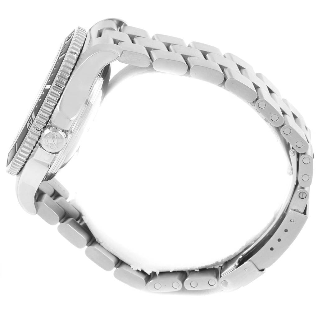 The Breitling Superocean A17391 Men's Stainless Steel Black Dial A17391 Men's Stainless Steel Black Dial watch is shown from a side angle highlighting its bezel, crown, and metal bracelet.