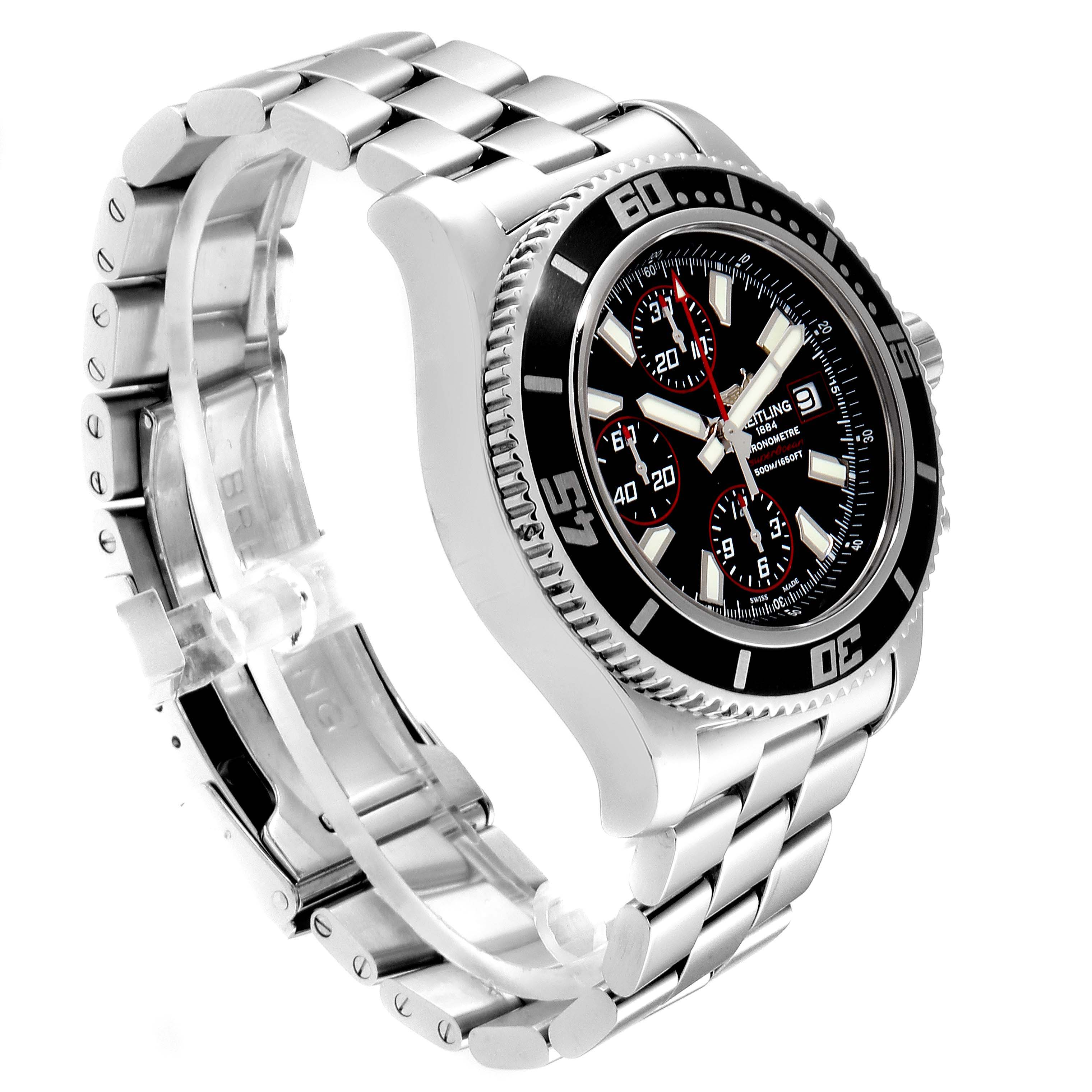 The Breitling Superocean A13341 Men's Stainless Steel Black Dial A13341 Men's Stainless Steel Black Dial watch is shown at a three-quarter angle, displaying the bezel, dial, sub-dials, and stainless steel bracelet.