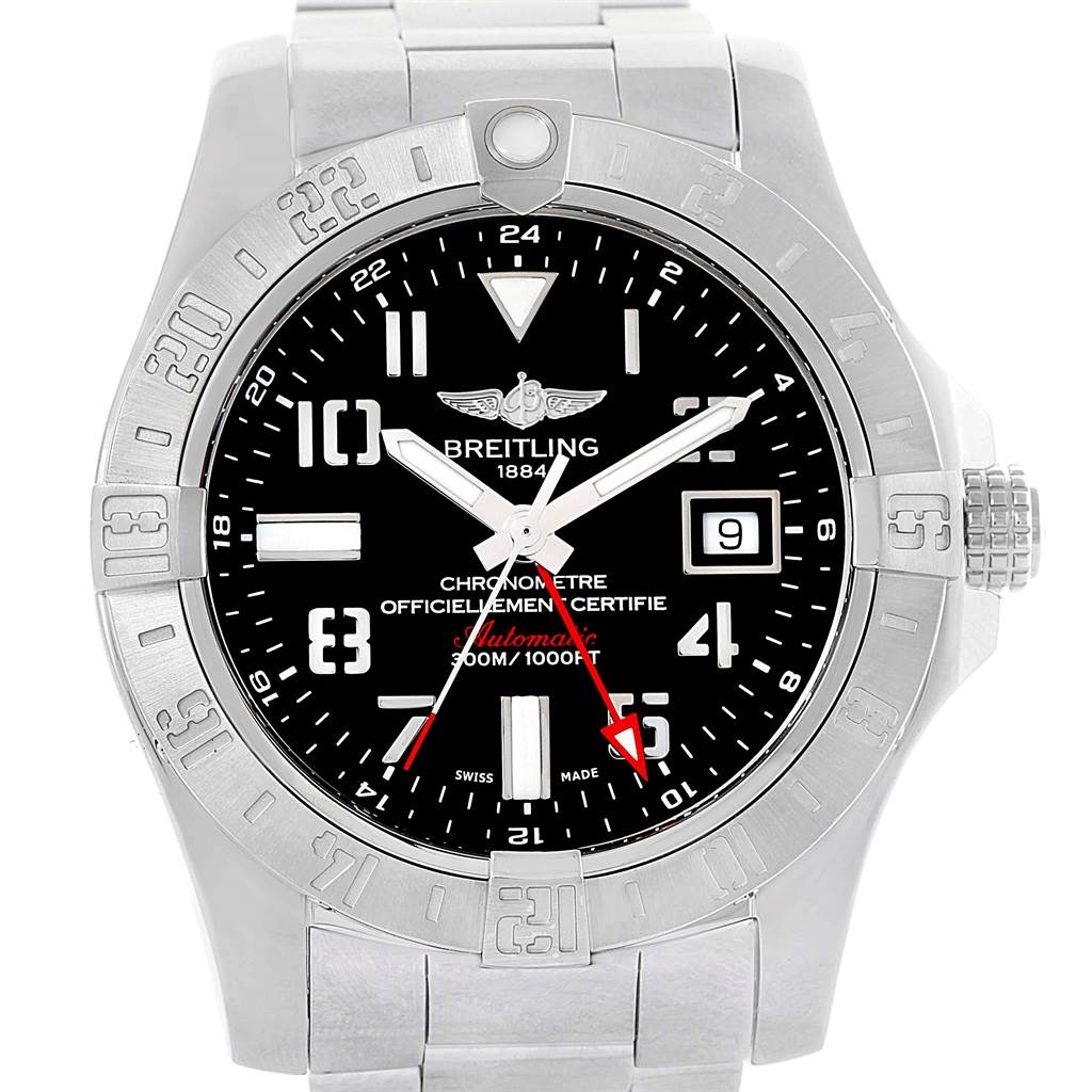The image shows a front view of the Breitling Avenger A32390 Men's Stainless Steel Black Dial A32390 Men's Stainless Steel Black Dial watch, highlighting its dial, bezel, markers, and date window.