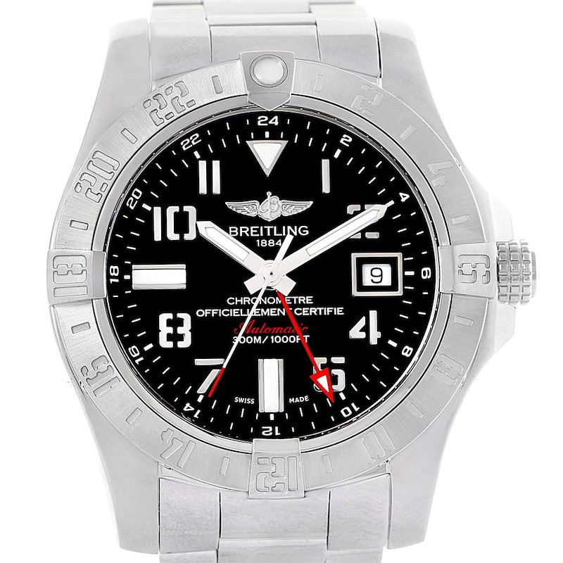 The image shows a front view of the Breitling Avenger watch, highlighting its dial, bezel, markers, and date window.