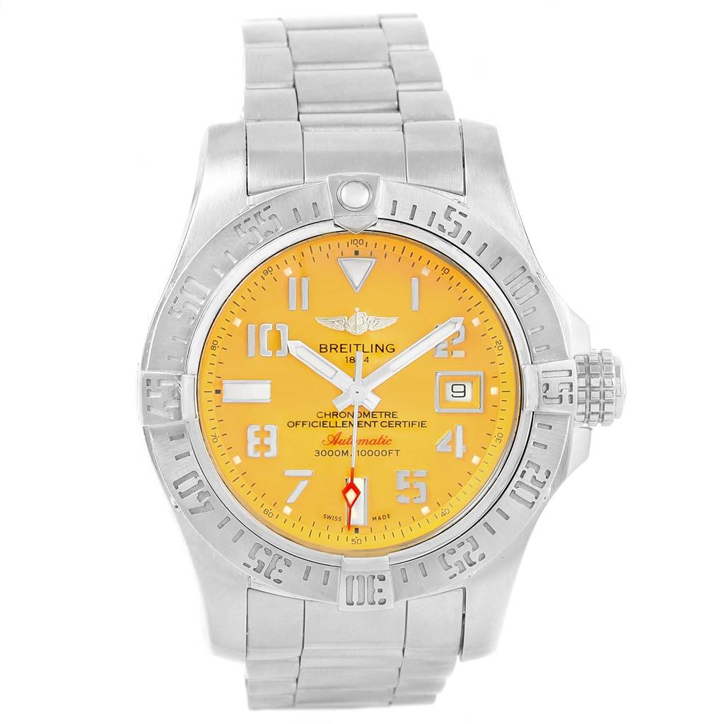 This image shows a front view of the Breitling Avenger A17331 Men's Stainless Steel Yellow Dial A17331 Men's Stainless Steel Yellow Dial watch, highlighting its yellow dial, metal bracelet, and bezel.