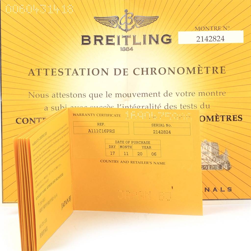 The image shows warranty certificates and chronometer attestation documents for the Breitling Superocean A13340 Men's Stainless Steel Blue Dial A13340 Men's Stainless Steel Blue Dial model.