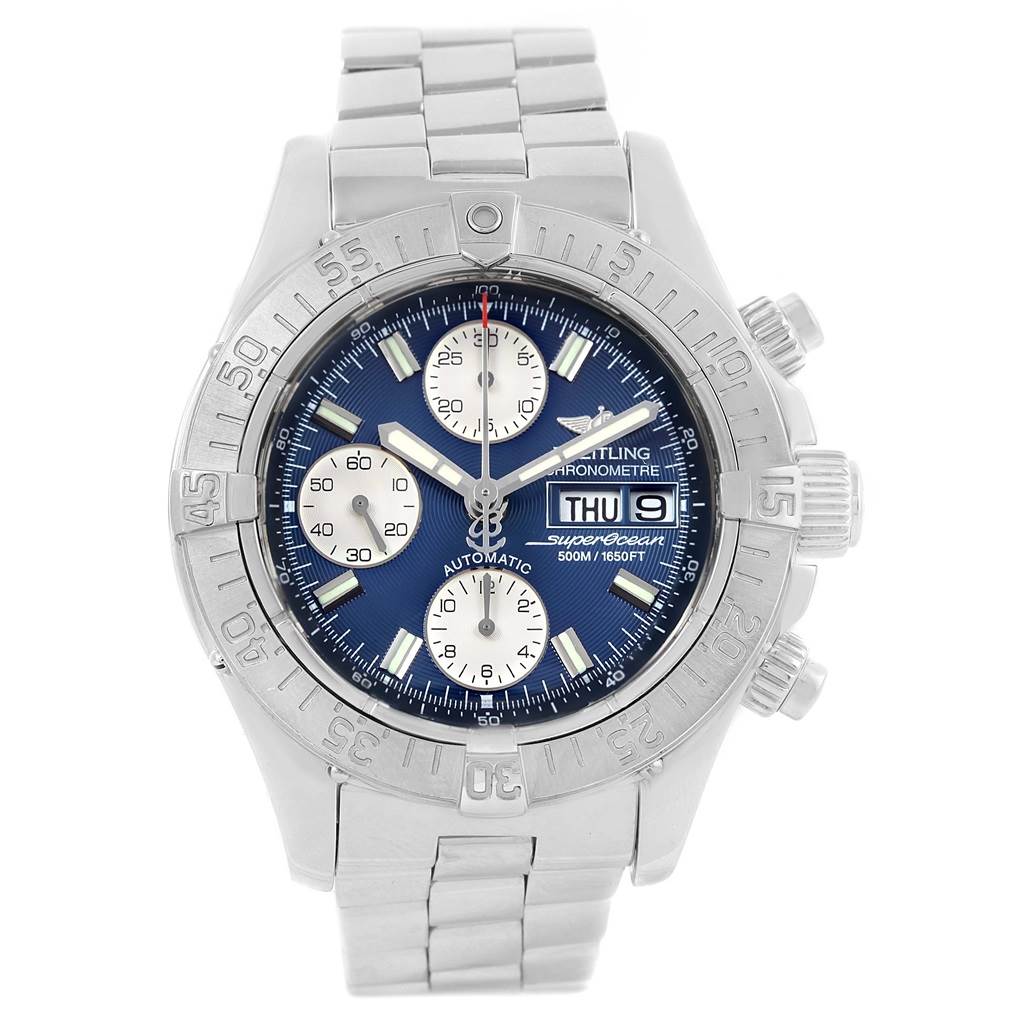 This image shows a front view of the Breitling Superocean A13340 Men's Stainless Steel Blue Dial A13340 Men's Stainless Steel Blue Dial watch, highlighting its dial, chronograph subdials, and stainless steel bracelet.