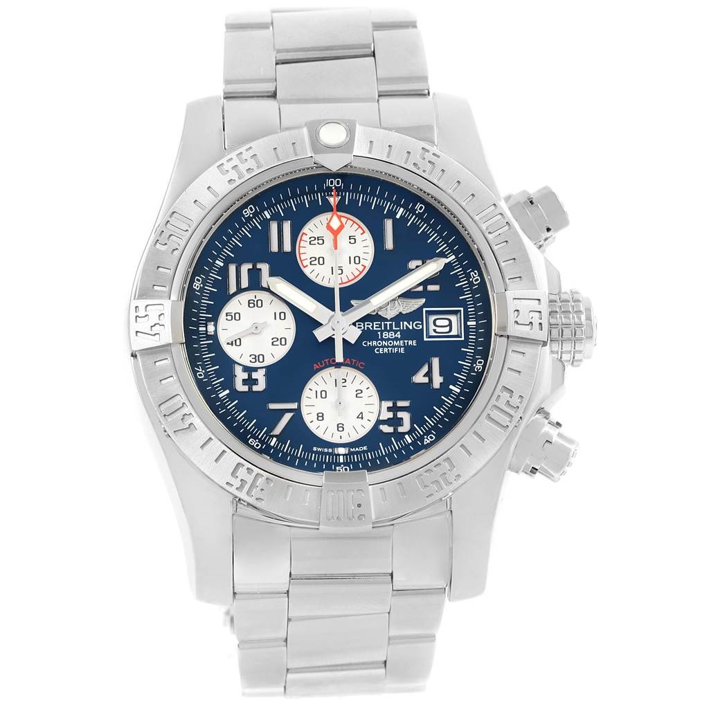 The image shows a front view of the Breitling Avenger A13381 Men's Stainless Steel Blue Dial A13381 Men's Stainless Steel Blue Dial watch, displaying its face, bezel, bracelet, and side buttons.