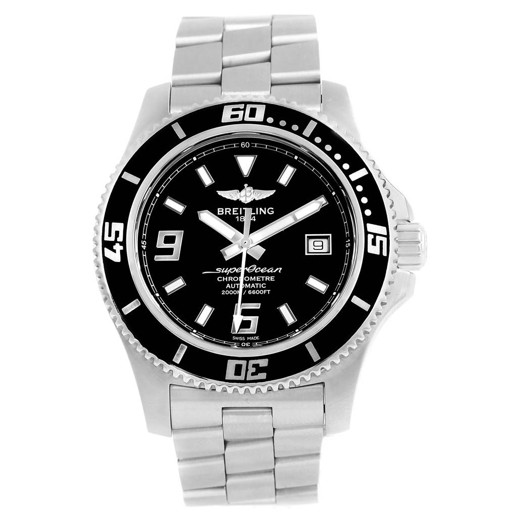 The image shows a frontal view of a Breitling Superocean A17391 Men's Stainless Steel Black Dial A17391 Men's Stainless Steel Black Dial watch, highlighting the dial, bezel, and bracelet.