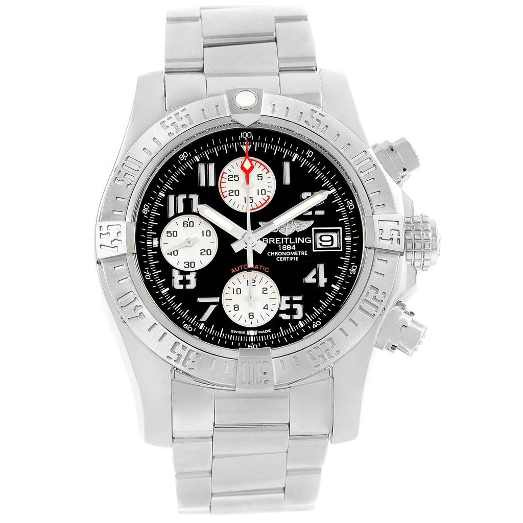 The Breitling Avenger A13381 Men's Stainless Steel Black Dial A13381 Men's Stainless Steel Black Dial watch is shown from the front, highlighting its face, bezel, chronograph subdials, and bracelet.