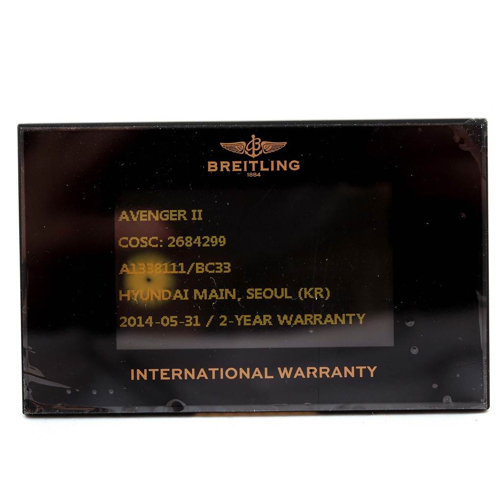This image shows the international warranty card for the Breitling Avenger A13381 Men's Stainless Steel Black Dial A13381 Men's Stainless Steel Black Dial II watch.