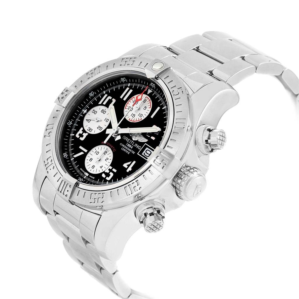 The Breitling Avenger A13381 Men's Stainless Steel Black Dial A13381 Men's Stainless Steel Black Dial watch is shown at an angled view displaying the face, bezel, crown, and bracelet.