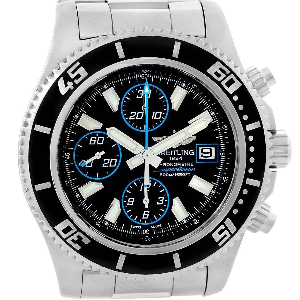 The image shows the front view of a Breitling Superocean A13341 Men's Stainless Steel Black Dial A13341 Men's Stainless Steel Black Dial watch, highlighting its face, bezel, and start of the metal band.