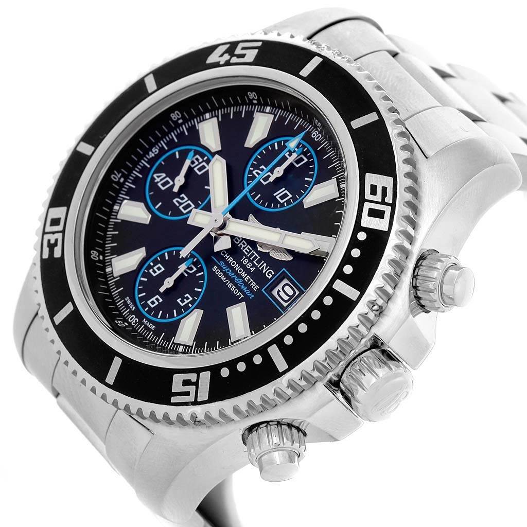 The Breitling Superocean A13341 Men's Stainless Steel Black Dial A13341 Men's Stainless Steel Black Dial watch is shown at a slight angle, highlighting its crown, bezel, and chronograph dial.