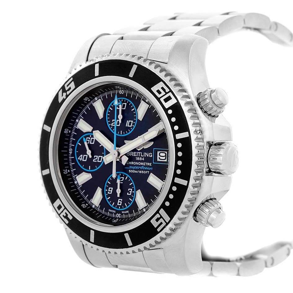 The Breitling Superocean A13341 Men's Stainless Steel Black Dial A13341 Men's Stainless Steel Black Dial watch is shown at an angle highlighting the face, bezel, crown, and stainless steel bracelet.