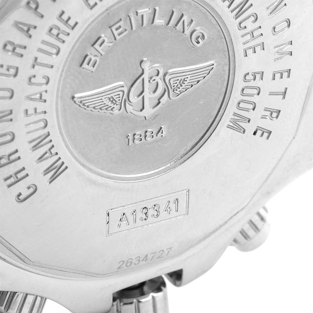 The image shows the case back of a Breitling Superocean A13341 Men's Stainless Steel Black Dial A13341 Men's Stainless Steel Black Dial watch, featuring engraved details and branding.