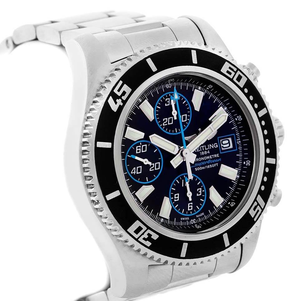 The image shows a side angle of the Breitling Superocean A13341 Men's Stainless Steel Black Dial A13341 Men's Stainless Steel Black Dial watch, highlighting its bezel, dial, and partial bracelet.