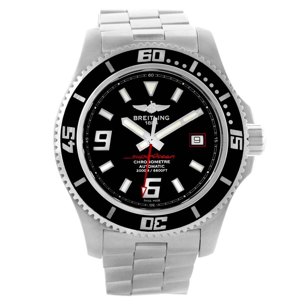 The image shows a front angle of the Breitling Superocean A17391 Men's Stainless Steel Black Dial A17391 Men's Stainless Steel Black Dial watch, featuring its dial, bezel, hands, and metal bracelet.
