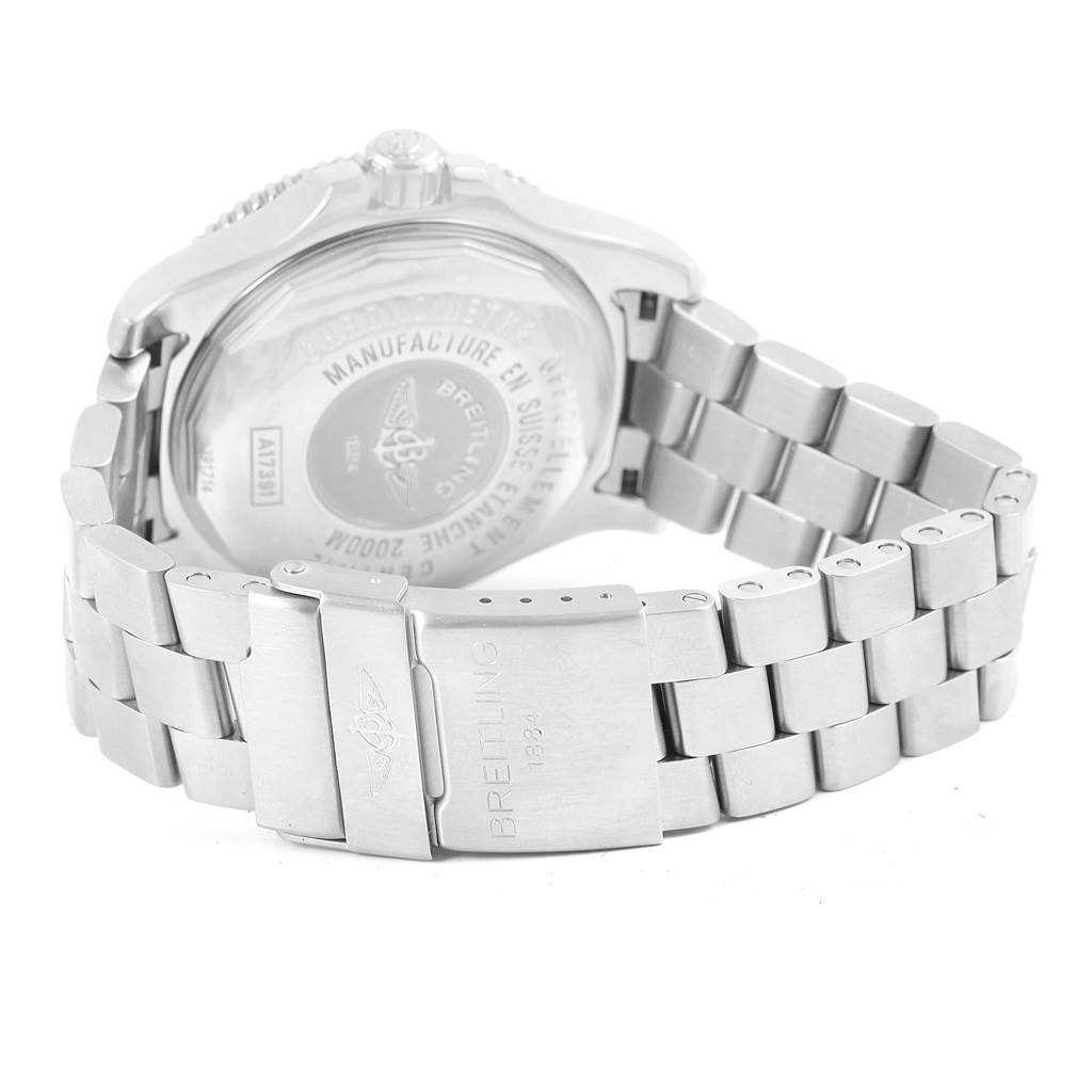 The image shows the rear view and clasp of a Breitling Superocean A17391 Men's Stainless Steel Black Dial A17391 Men's Stainless Steel Black Dial watch with its metal bracelet.