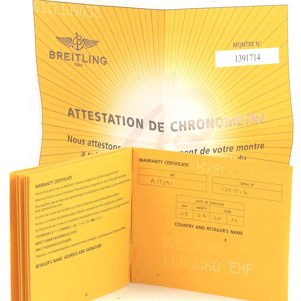The image shows warranty certificates and chronometer attestations for the Breitling Superocean A17391 Men's Stainless Steel Black Dial A17391 Men's Stainless Steel Black Dial watch.