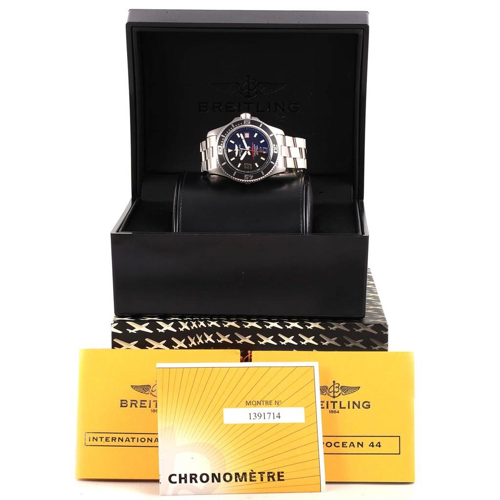 The Breitling Superocean A17391 Men's Stainless Steel Black Dial A17391 Men's Stainless Steel Black Dial watch is displayed front-on in an open box with its accessories, including certificates and documentation.