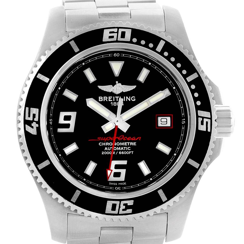 The image shows a frontal view of the Breitling Superocean A17391 Men's Stainless Steel Black Dial A17391 Men's Stainless Steel Black Dial watch, highlighting its bezel, dial, and part of its bracelet.