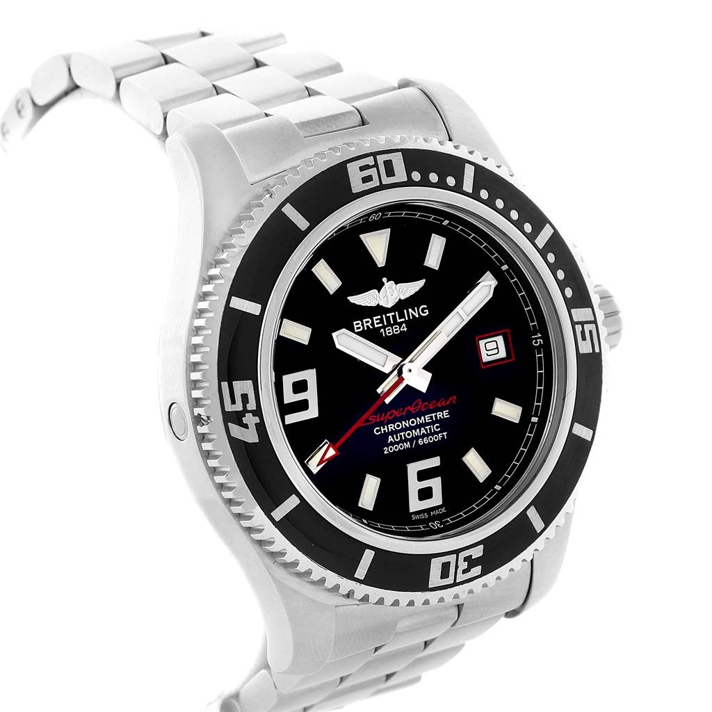 The image shows a Breitling Superocean A17391 Men's Stainless Steel Black Dial A17391 Men's Stainless Steel Black Dial watch at an angled view, displaying its bezel, dial, metal bracelet, and crown.