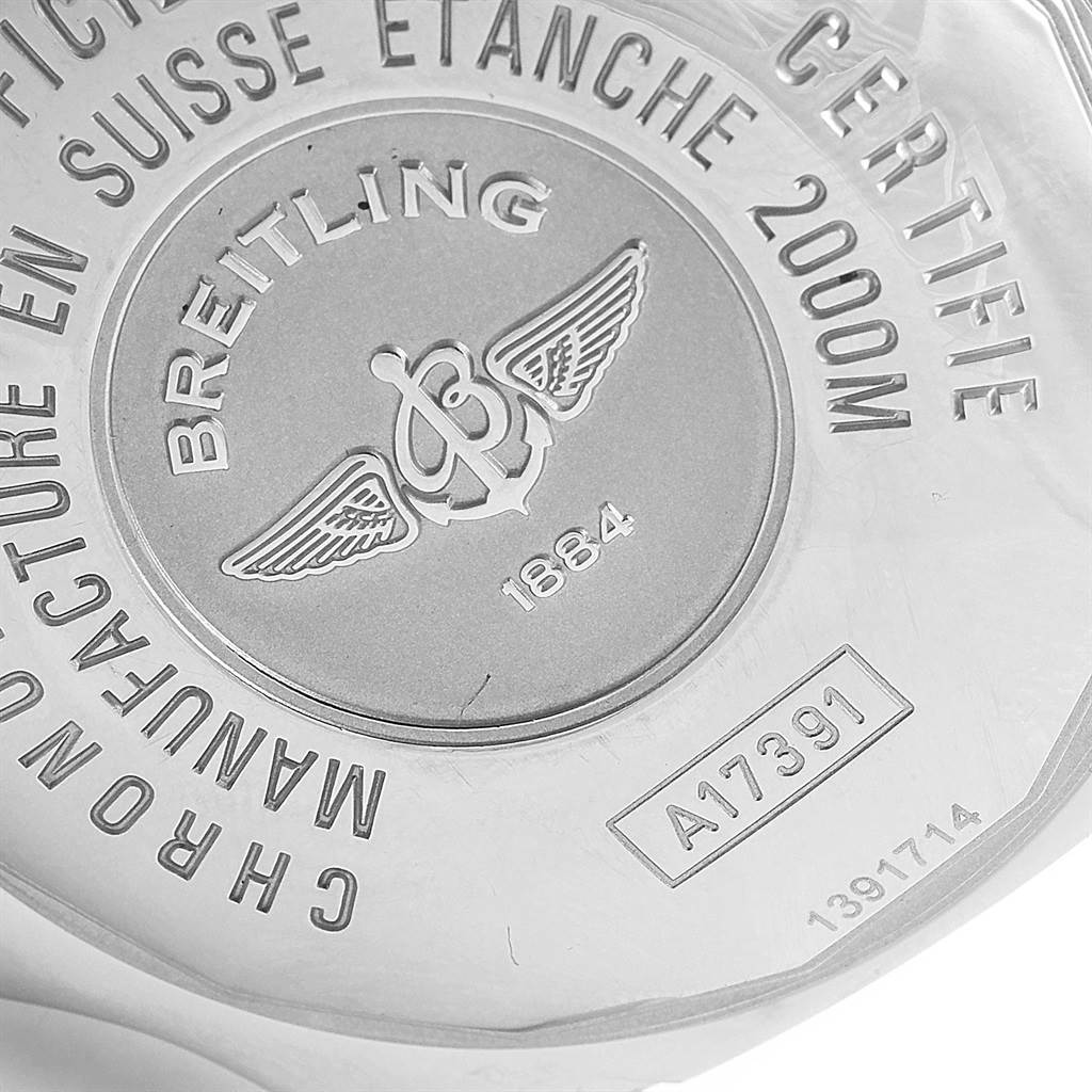 The image shows the back of a Breitling Superocean A17391 Men's Stainless Steel Black Dial A17391 Men's Stainless Steel Black Dial watch with model and certification engravings.