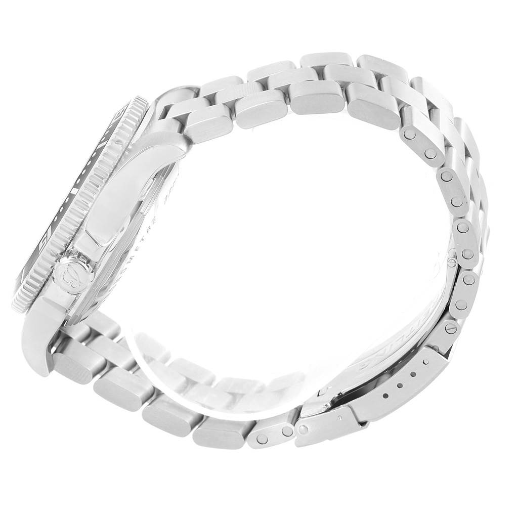 The image shows a side angle of the Breitling Superocean A17391 Men's Stainless Steel Black Dial A17391 Men's Stainless Steel Black Dial watch, highlighting the case, bezel, and stainless steel bracelet and clasp.