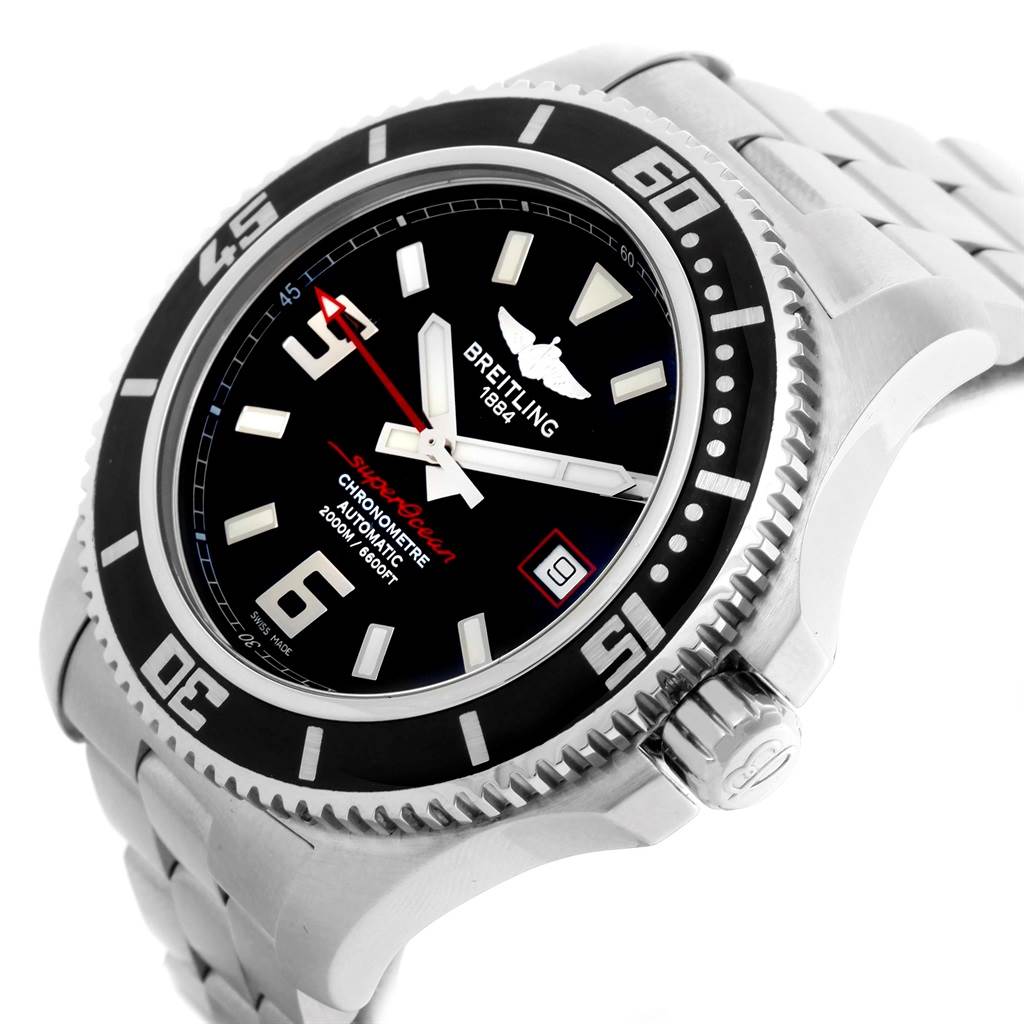 The image shows the Breitling Superocean A17391 Men's Stainless Steel Black Dial A17391 Men's Stainless Steel Black Dial watch from an angled side view, highlighting the bezel, dial, and part of the bracelet.