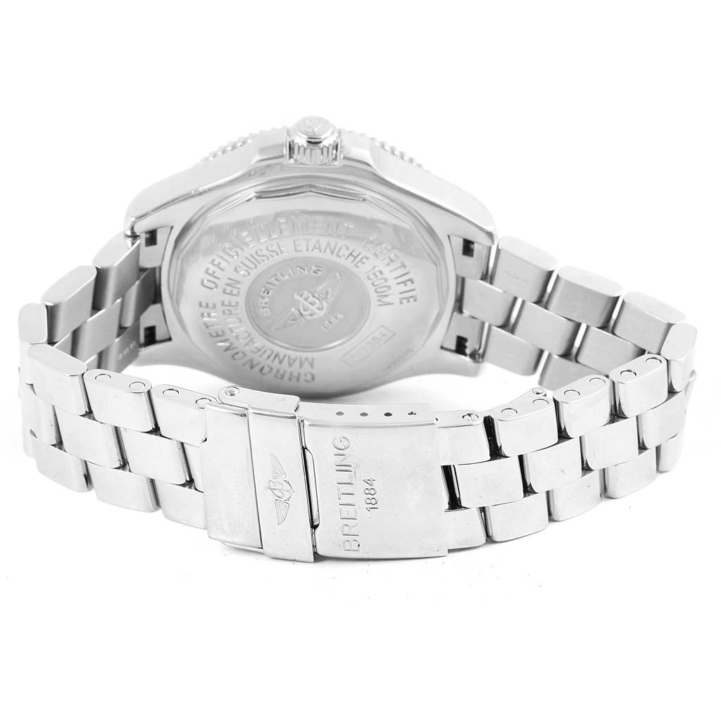 The image shows a rear view of a Breitling Superocean A17364 Men's Stainless Steel Black Dial A17364 Men's Stainless Steel Black Dial watch, focusing on the case back and metal bracelet.