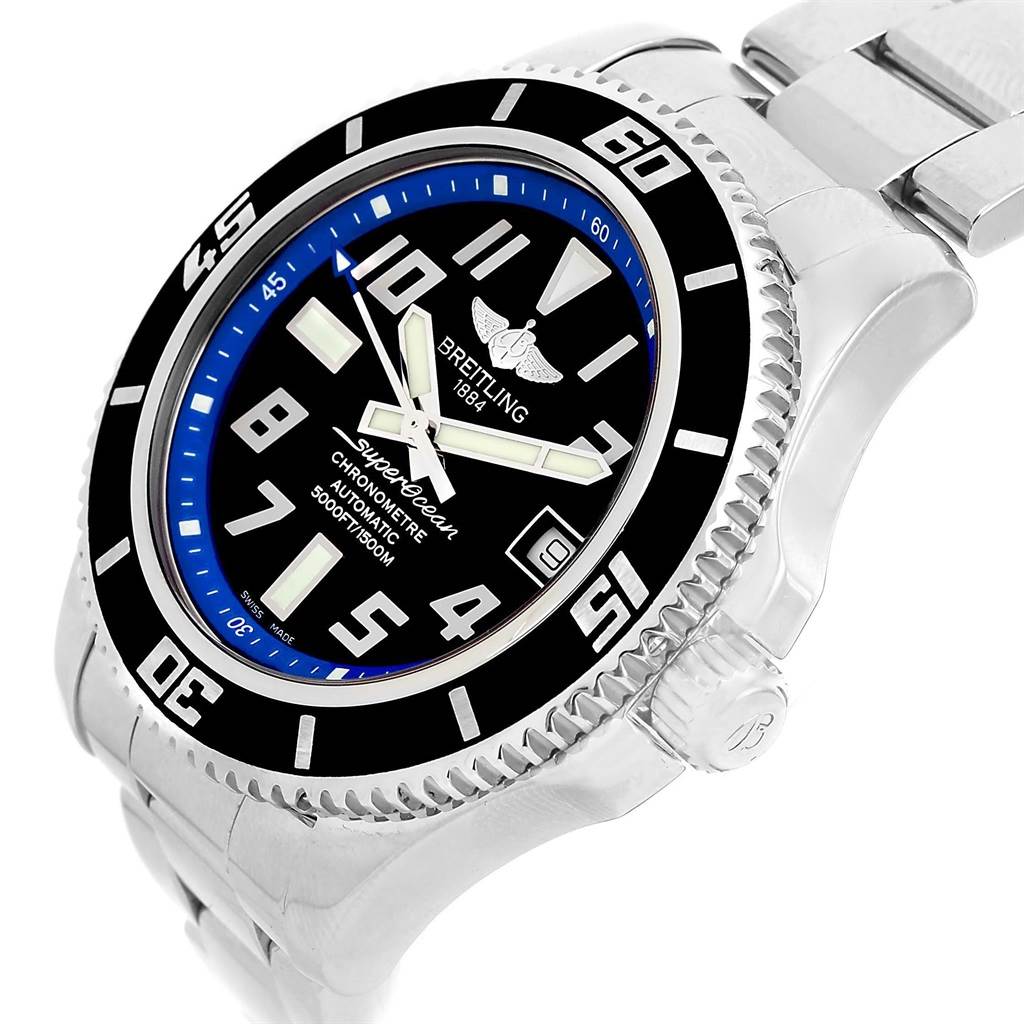 The image shows a Breitling Superocean A17364 Men's Stainless Steel Black Dial A17364 Men's Stainless Steel Black Dial watch angled from the front and to the right, displaying the dial, bezel, and part of the bracelet.