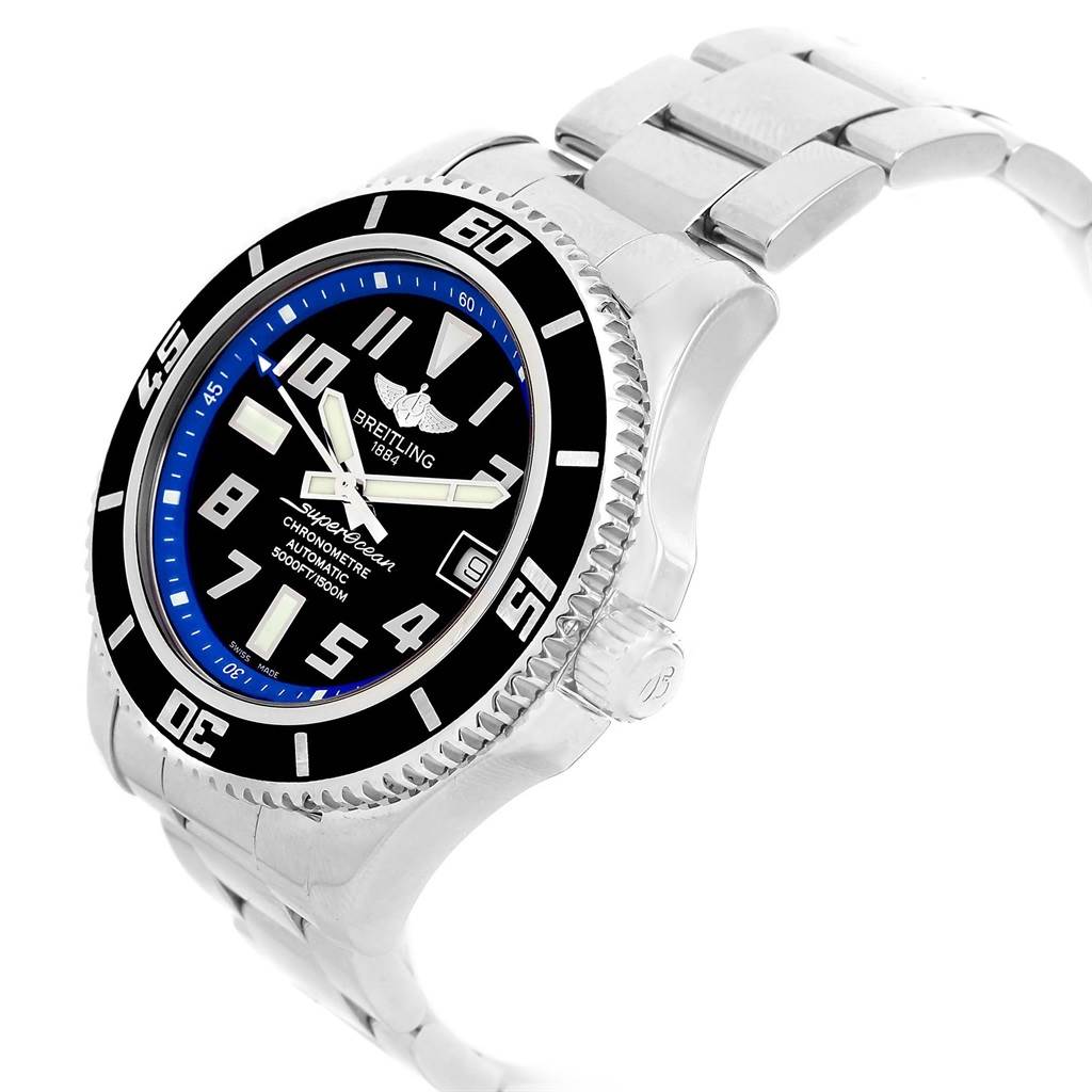 The Breitling Superocean A17364 Men's Stainless Steel Black Dial A17364 Men's Stainless Steel Black Dial watch is shown at a tilted angle highlighting the dial, bezel, crown, and part of the bracelet.