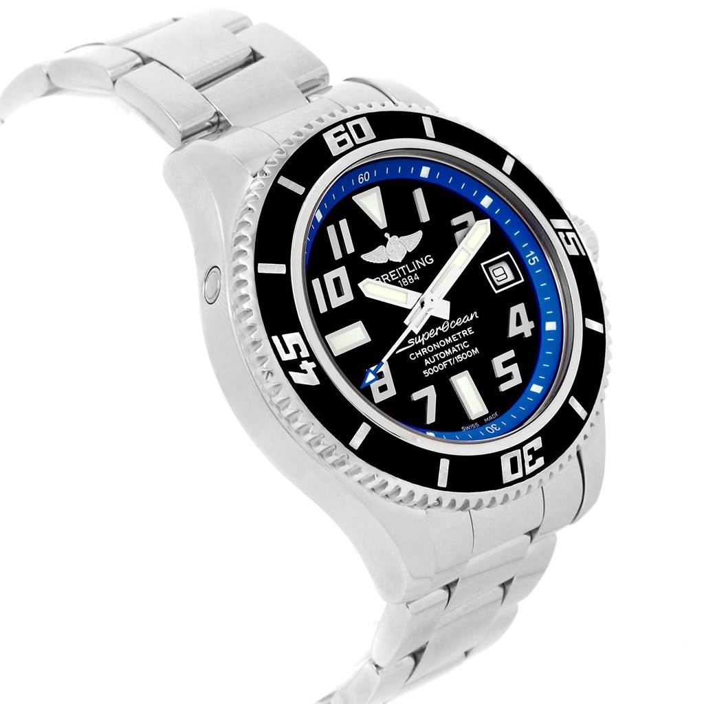 The Breitling Superocean A17364 Men's Stainless Steel Black Dial A17364 Men's Stainless Steel Black Dial watch is shown at a slight angle showcasing the face, bezel, crown, and bracelet.