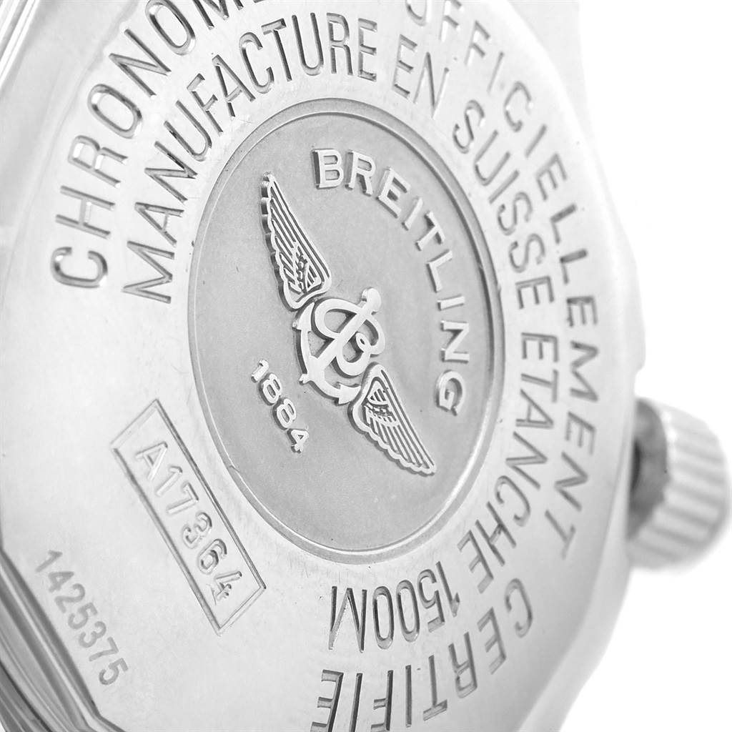 This image shows the back case of the Breitling Superocean A17364 Men's Stainless Steel Black Dial A17364 Men's Stainless Steel Black Dial watch at an angle, highlighting the engraving and model information.