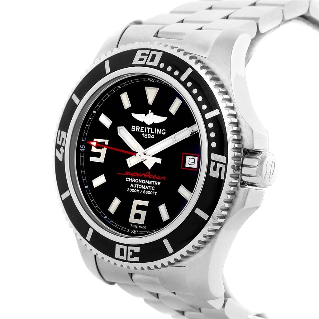 The Breitling Superocean A17391 Men's Stainless Steel Black Dial A17391 Men's Stainless Steel Black Dial watch is shown from an angled view, displaying its face, bezel, crown, and metal bracelet.