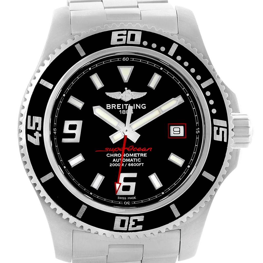 The image shows a frontal view of a Breitling Superocean A17391 Men's Stainless Steel Black Dial A17391 Men's Stainless Steel Black Dial watch, highlighting the dial, bezel, hands, and date window.