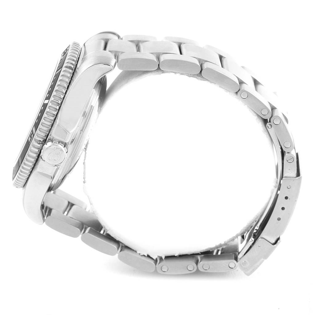 The image shows a side view of a Breitling Superocean A17391 Men's Stainless Steel Black Dial A17391 Men's Stainless Steel Black Dial watch, highlighting the case, bezel, crown, and metal bracelet.