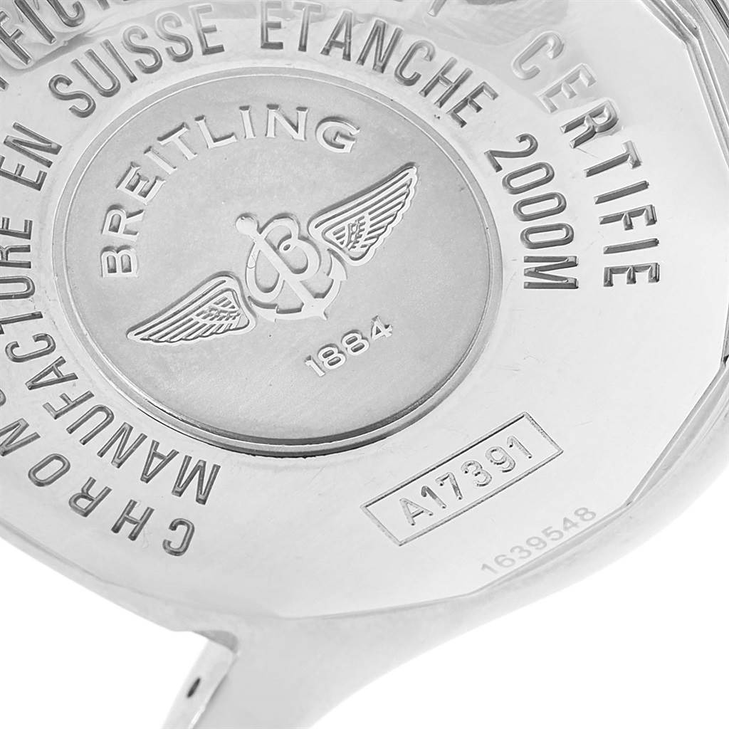 This image shows the back casing of a Breitling Superocean A17391 Men's Stainless Steel Black Dial A17391 Men's Stainless Steel Black Dial watch, highlighting the branding and model number A17391.