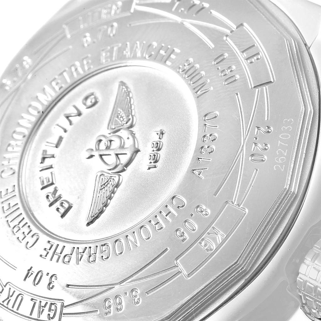 The image shows the detailed engravings on the case back of a Breitling Avenger A13370 Men's Stainless Steel Black Dial A13370 Men's Stainless Steel Black Dial watch.