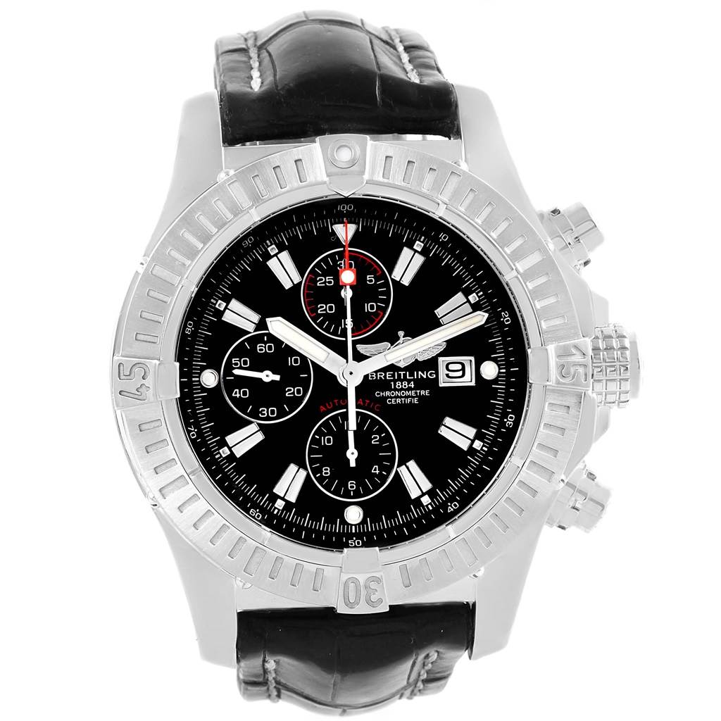 The Breitling Avenger A13370 Men's Stainless Steel Black Dial A13370 Men's Stainless Steel Black Dial watch is shown from a front angle, displaying the face, bezel, and crown.